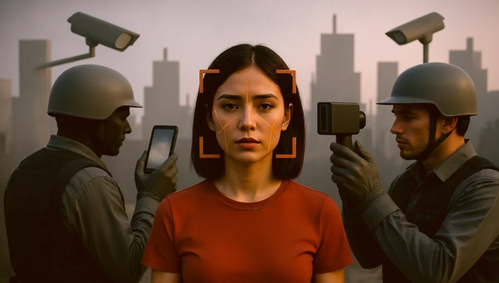 Recopilación Datos Biologicos EEUU Una mujer joven de expresión seria mira al frente mientras es escaneada biométricamente. Sobre su rostro aparecen líneas y un recuadro digital de reconocimiento facial. A su alrededor, dos agentes con casco y guantes la vigilan: uno sostiene un dispositivo de escaneo y otro utiliza un teléfono. En el fondo, cámaras de seguridad y siluetas de edificios grises crean un ambiente distópico y de vigilancia masiva.