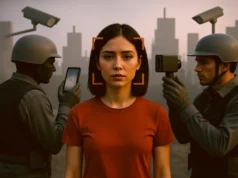 El Tio Sam quiere recopilar datos biométricos incluyendo ADN e iris de ciudadanos e inmigrantes Una mujer joven de expresión seria mira al frente mientras es escaneada biométricamente. Sobre su rostro aparecen líneas y un recuadro digital de reconocimiento facial. A su alrededor, dos agentes con casco y guantes la vigilan: uno sostiene un dispositivo de escaneo y otro utiliza un teléfono. En el fondo, cámaras de seguridad y siluetas de edificios grises crean un ambiente distópico y de vigilancia masiva.