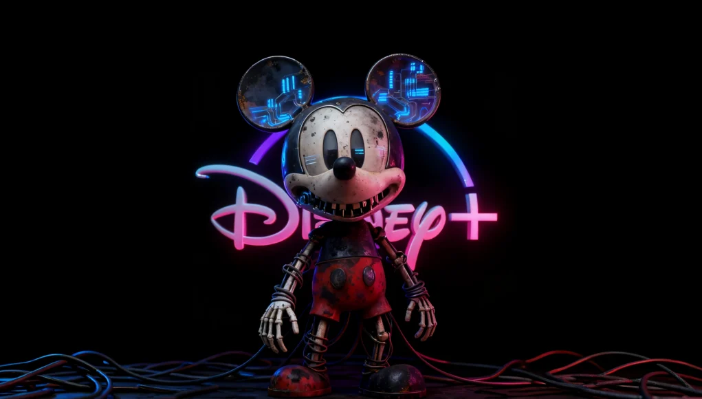 Disney AI Figura robótica con forma de mascota clásica de orejas redondas, mostrada en estilo distópico. Su cuerpo metálico está desgastado, con cables expuestos en brazos y piernas, ojos oscuros y dientes mecánicos visibles. Lleva prendas rojas deterioradas y está rodeada de cables en el suelo. Detrás, un luminoso cartel de neón en tonos rosa y azul crea un contraste intenso con el fondo negro.