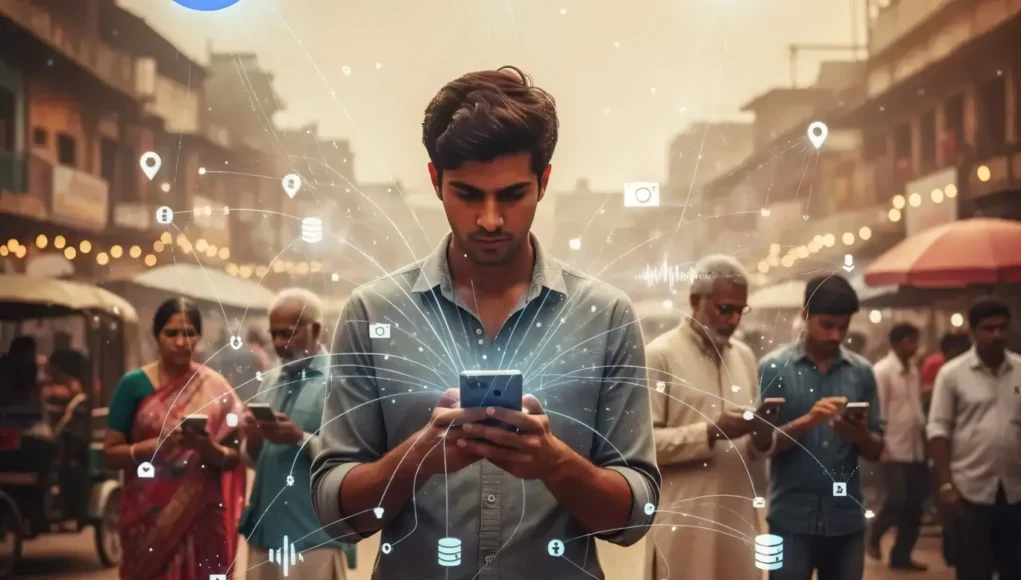 Espionaje GPS Joven mirando su teléfono móvil en medio de una calle concurrida, rodeado de otras personas también usando sus dispositivos. Sobre la imagen aparecen iconos digitales y líneas luminosas que simulan conexiones de datos, GPS, cámaras, mensajes y redes, simbolizando el flujo de información y vigilancia tecnológica.