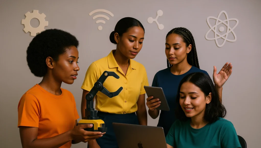 Cuatro jóvenes mujeres trabajan juntas en un entorno educativo o de laboratorio. Una sostiene un brazo robótico, otra utiliza una tableta y una más trabaja con un portátil, mientras la cuarta observa con interés. El fondo incluye iconos decorativos de tecnología y ciencia, como un engranaje, una señal de wifi y un átomo, simbolizando la innovación y el aprendizaje STEM.