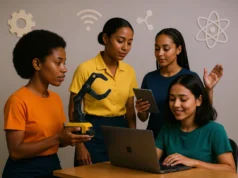 Ghana lanza programa «Girls in Tech» para formar una nueva generación de mujeres innovadoras en tecnología Cuatro jóvenes mujeres trabajan juntas en un entorno educativo o de laboratorio. Una sostiene un brazo robótico, otra utiliza una tableta y una más trabaja con un portátil, mientras la cuarta observa con interés. El fondo incluye iconos decorativos de tecnología y ciencia, como un engranaje, una señal de wifi y un átomo, simbolizando la innovación y el aprendizaje STEM.