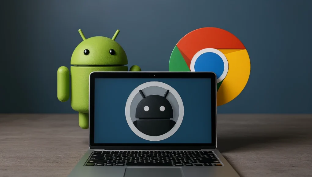 Un portátil abierto sobre una superficie lisa muestra en su pantalla un icono estilizado del robot de Android en tonos oscuros. Detrás del portátil se ven dos figuras: una figura tridimensional del robot verde de Android a la izquierda y un gran logotipo circular de Google Chrome a la derecha, ambos sobre un fondo azul grisáceo.