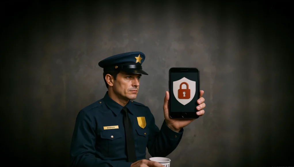 Un agente de policía uniformado sostiene un teléfono móvil que muestra un icono de candado sobre un escudo, simbolizando la seguridad y el cifrado. El oficial está sentado frente a una mesa, con gesto serio, en un entorno oscuro y neutro.