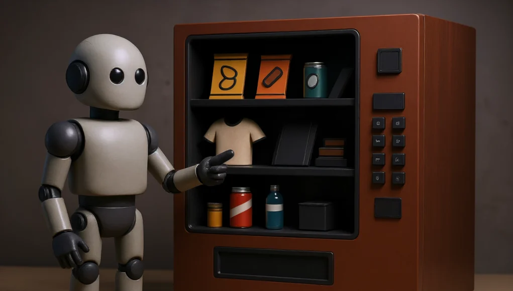 Un pequeño robot humanoide de aspecto amistoso, con cuerpo gris y articulaciones negras, está de pie junto a una máquina expendedora marrón. El robot señala uno de los productos del interior. La máquina muestra varios artículos inusuales, como bolsas de aperitivos, una camiseta, libros, latas de bebida y una caja metálica. La escena está iluminada suavemente y transmite un ambiente tecnológico y ligeramente futurista.