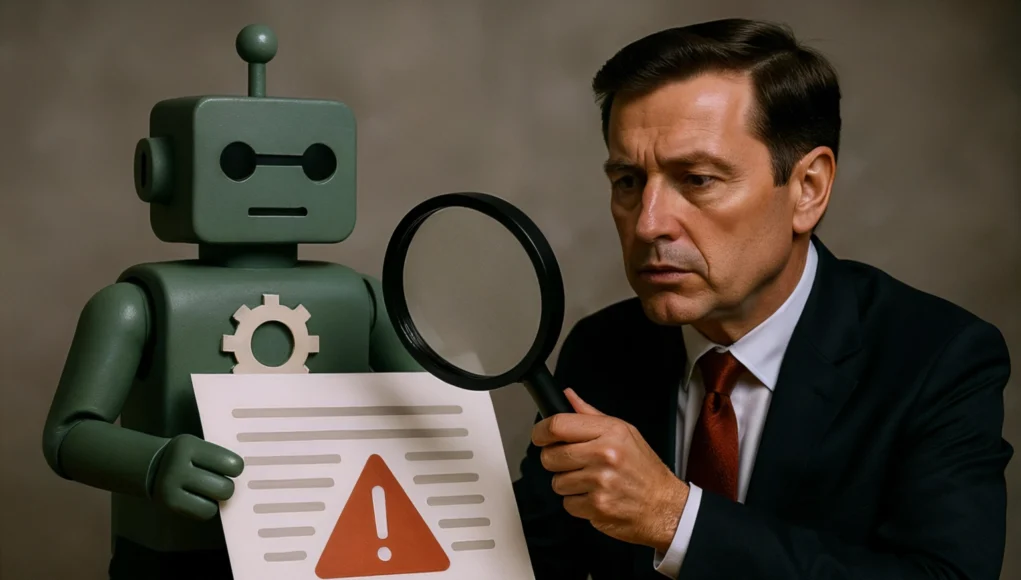 Un abogado de mediana edad con traje oscuro y corbata roja examina atentamente, con una lupa en la mano, un documento que sostiene un robot verde de aspecto simple y mecánico. En el papel se muestra un gran símbolo de advertencia rojo, simbolizando un error o problema. La escena sugiere la revisión de errores cometidos por inteligencia artificial en un entorno legal.