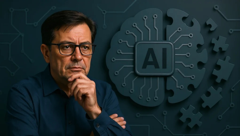 Yann LeCun Hombre de mediana edad con gafas y expresión pensativa, apoyando el mentón sobre su mano, frente a un fondo tecnológico. A su lado se observa una representación gráfica de un cerebro artificial con circuitos y piezas de rompecabezas faltantes, simbolizando las limitaciones de la inteligencia artificial.