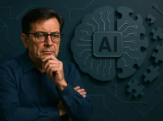 El padre del deep learning advierte: la IA actual no entiende el mundo ni sabe razonar como un ser humano Hombre de mediana edad con gafas y expresión pensativa, apoyando el mentón sobre su mano, frente a un fondo tecnológico. A su lado se observa una representación gráfica de un cerebro artificial con circuitos y piezas de rompecabezas faltantes, simbolizando las limitaciones de la inteligencia artificial.