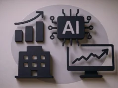 La adopción empresarial de IA alcanza un punto de inflexión: los datos revelan una estabilización generalizada del mercado Ilustración en tonos grises que muestra iconos 3D relacionados con la inteligencia artificial y el crecimiento empresarial: un chip con las letras “AI”, una gráfica ascendente, un edificio corporativo y una pantalla con una línea de crecimiento.