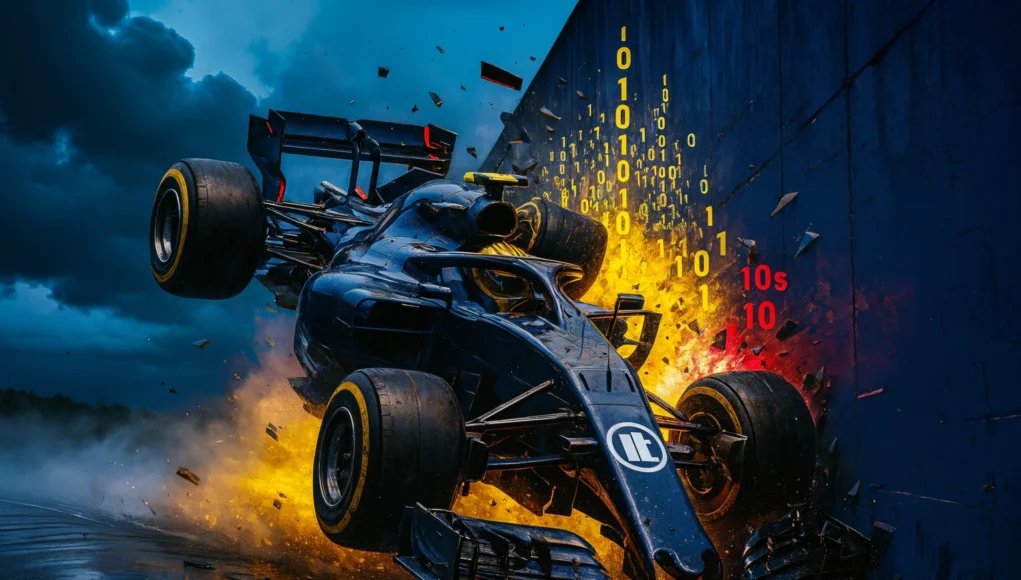 Ilustración hiperrealista de un coche de Fórmula 1 impactando violentamente contra un muro. Del punto de choque emergen explosiones de luz amarilla y roja, fragmentos de metal y números binarios flotando. El coche está inclinado en el aire, con piezas desprendiéndose, sobre una pista mojada bajo un cielo tormentoso.