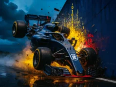 Los gerentes de TI fallan estrepitosamente en proyectos de software: dos décadas cometiendo los mismos errores Ilustración hiperrealista de un coche de Fórmula 1 impactando violentamente contra un muro. Del punto de choque emergen explosiones de luz amarilla y roja, fragmentos de metal y números binarios flotando. El coche está inclinado en el aire, con piezas desprendiéndose, sobre una pista mojada bajo un cielo tormentoso.