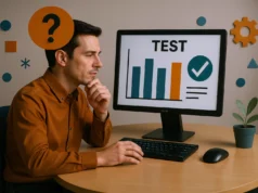 Los benchmarks de IA son una broma pesada y las empresas de LLM son las que se ríen Hombre de mediana edad con camisa marrón observa pensativo una pantalla de ordenador que muestra un gráfico de barras con la palabra “TEST” y un símbolo de verificación. A su alrededor hay figuras decorativas de colores naranja y azul en la pared, y una pequeña planta en la mesa, transmitiendo una atmósfera analítica y reflexiva.