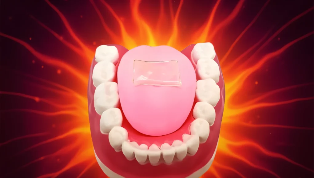 Modelo anatómico de una boca con la lengua expuesta en primer plano, rodeado por un fondo rojo y naranja con efecto de explosión o llamas, creando una apariencia intensa y picante.