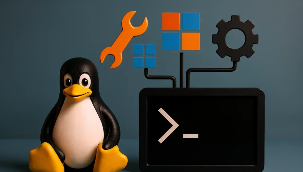 Una figura de Tux, la mascota de Linux, aparece sentada junto a una pantalla negra con el símbolo de una terminal. Sobre la pantalla se conectan iconos de una llave inglesa naranja, un engranaje negro y cuadrados azul y naranja que evocan el logotipo de Microsoft, todo sobre un fondo azul.