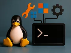 El Kernel de Linux considera habilitar las extensiones C de Microsoft Una figura de Tux, la mascota de Linux, aparece sentada junto a una pantalla negra con el símbolo de una terminal. Sobre la pantalla se conectan iconos de una llave inglesa naranja, un engranaje negro y cuadrados azul y naranja que evocan el logotipo de Microsoft, todo sobre un fondo azul.
