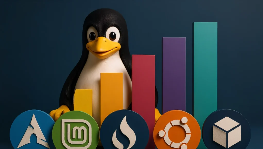 Linux Mercado Ilustración de Tux, el pingüino de Linux, detrás de un gráfico de barras de colores que representa comparativas o popularidad. En la parte frontal aparecen los logotipos de varias distribuciones Linux: Arch Linux, Linux Mint, Pop!_OS, Ubuntu y otro basado en un cubo. El fondo es de color azul oscuro.
