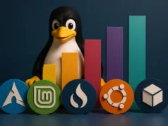 Los usuarios de Linux en Steam superan por primera vez el 3% de cuota de mercado Ilustración de Tux, el pingüino de Linux, detrás de un gráfico de barras de colores que representa comparativas o popularidad. En la parte frontal aparecen los logotipos de varias distribuciones Linux: Arch Linux, Linux Mint, Pop!_OS, Ubuntu y otro basado en un cubo. El fondo es de color azul oscuro.