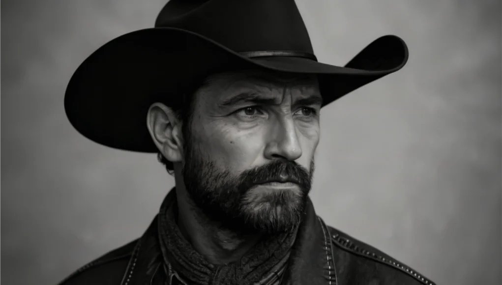 Musica IA Billboard Retrato en blanco y negro de un hombre con barba y sombrero de vaquero, mirando hacia la derecha con expresión seria. Lleva una chaqueta de mezclilla y un pañuelo al cuello, en un estilo clásico del oeste.