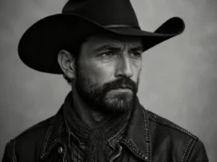 Una canción country generada por IA lidera las listas de Billboard, controversia en la industria musical Retrato en blanco y negro de un hombre con barba y sombrero de vaquero, mirando hacia la derecha con expresión seria. Lleva una chaqueta de mezclilla y un pañuelo al cuello, en un estilo clásico del oeste.