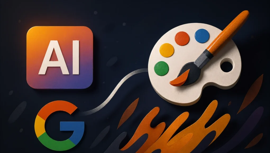 Nano Banana Ilustración digital en estilo moderno que muestra un icono cuadrado con las letras “AI” en un degradado naranja-morado, junto al logotipo de Google. A la derecha aparece una paleta de pintura con colores vibrantes y un pincel apoyado sobre ella. Todos los elementos están conectados por una línea ondulada que sugiere el flujo creativo de la inteligencia artificial hacia la creación artística, sobre un fondo oscuro con detalles abstractos en tonos naranja y azul.
