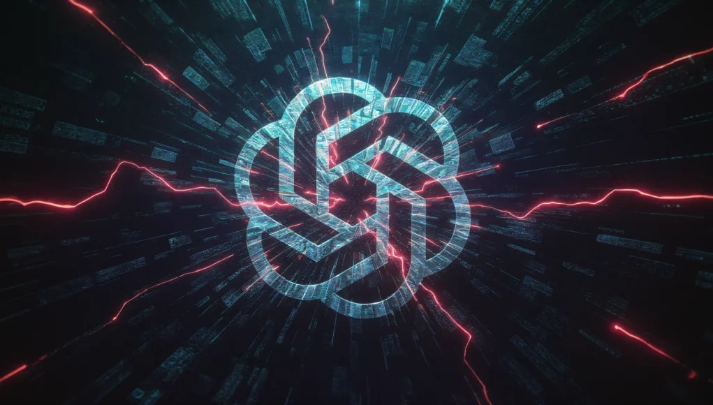 Logo de OpenAI brillando en tonos azulados en el centro de una composición digital oscura, rodeado de líneas de energía rojas y destellos que se expanden hacia fuera, evocando una sensación de poder, intensidad y actividad tecnológica.