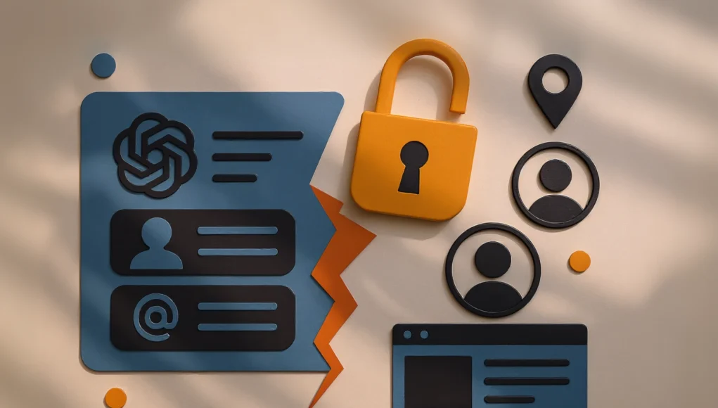 Ilustración en estilo plano y minimalista que representa una filtración de datos: una tarjeta azul con iconos de perfil, correo y el logotipo de OpenAI aparece dividida por una grieta naranja; a la derecha se muestra un candado amarillo abierto, iconos de ubicación y usuarios, y una ventana de navegador, todo sobre un fondo beige con sombras suaves.