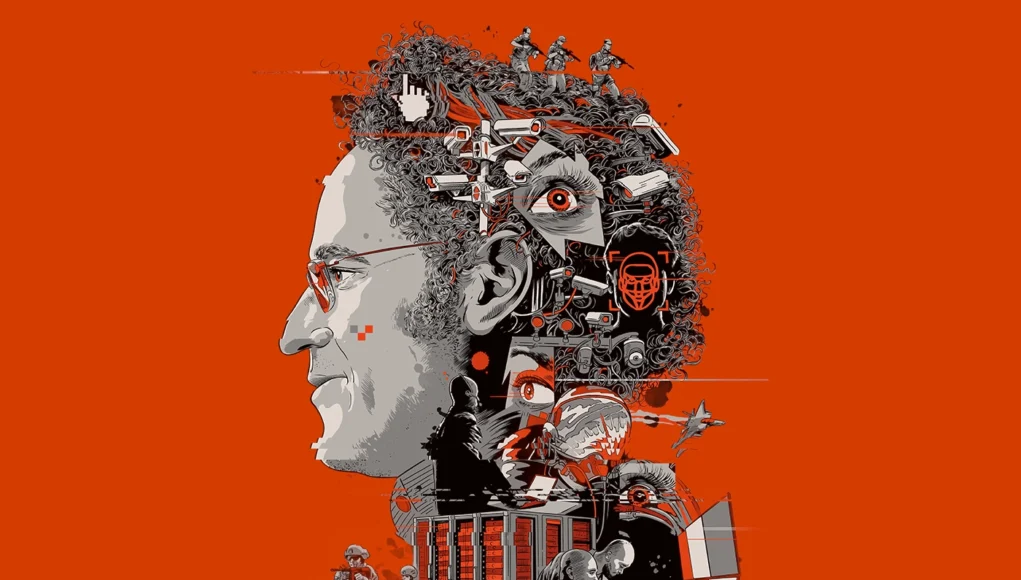 Perfil de un hombre con gafas sobre un fondo naranja intenso. Su cabello forma una composición de elementos mecánicos y de vigilancia: cámaras de seguridad, ojos artificiales, drones, soldados en miniatura y símbolos tecnológicos. En la parte inferior se ven figuras militares, servidores informáticos y dos técnicos trabajando frente a pantallas. El estilo es gráfico y distópico, combinando tonos grises, negros y rojos para transmitir un ambiente de control y sobre-vigilancia.