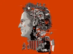 Palantir: Así se edifica el imperio de la vigilancia del siglo XXI que fusiona poder estatal y corporativo Perfil de un hombre con gafas sobre un fondo naranja intenso. Su cabello forma una composición de elementos mecánicos y de vigilancia: cámaras de seguridad, ojos artificiales, drones, soldados en miniatura y símbolos tecnológicos. En la parte inferior se ven figuras militares, servidores informáticos y dos técnicos trabajando frente a pantallas. El estilo es gráfico y distópico, combinando tonos grises, negros y rojos para transmitir un ambiente de control y sobre-vigilancia.