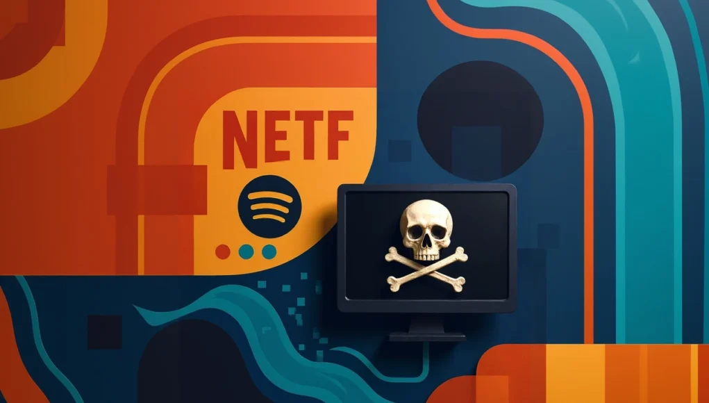 Plataformas Piratas A la izquierda aparecen formas geométricas en tonos rojos, naranjas y amarillos con la palabra “NETF” y un icono similar al de Spotify. A la derecha, sobre un fondo azul oscuro con curvas que simulan mareas digitales, se muestra una pantalla con una calavera y huesos cruzados, símbolo de la piratería. El diseño mezcla colores cálidos y fríos, evocando el contraste entre servicios de streaming y el retorno a la piratería.