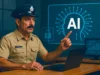 Bengal Police lanza célula de inteligencia artificial para mejorar eficiencia en la detección de crímenes Policía indio con uniforme beige y gorra oficial sentado frente a un portátil en una sala de control moderna. El agente mira con seriedad y señala con el dedo índice una pantalla digital que muestra un icono de inteligencia artificial en forma de silueta de cabeza con circuitos y las letras “AI”. A su lado aparecen gráficos de datos y un símbolo de candado que representa ciberseguridad o protección de datos.