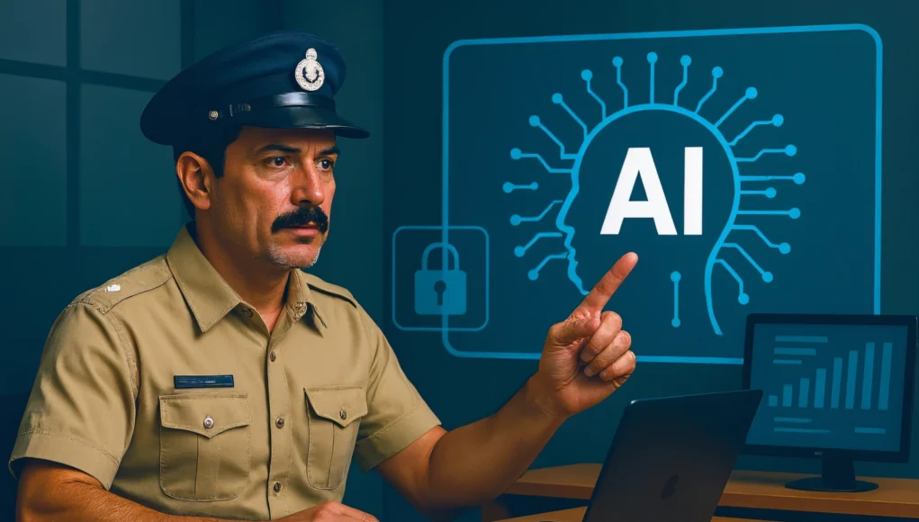 Policía indio con uniforme beige y gorra oficial sentado frente a un portátil en una sala de control moderna. El agente mira con seriedad y señala con el dedo índice una pantalla digital que muestra un icono de inteligencia artificial en forma de silueta de cabeza con circuitos y las letras “AI”. A su lado aparecen gráficos de datos y un símbolo de candado que representa ciberseguridad o protección de datos.