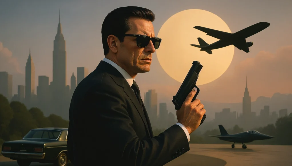 Rockstar Agent Un agente secreto con traje oscuro y gafas de sol, sosteniendo una pistola mientras mira con gesto serio hacia un lado. Al fondo se ve una ciudad con rascacielos al atardecer, un sol grande y bajo en el cielo, un avión despegando y un avión militar en tierra. También aparece un coche clásico aparcado en una carretera, evocando una escena de espionaje cinematográfico.