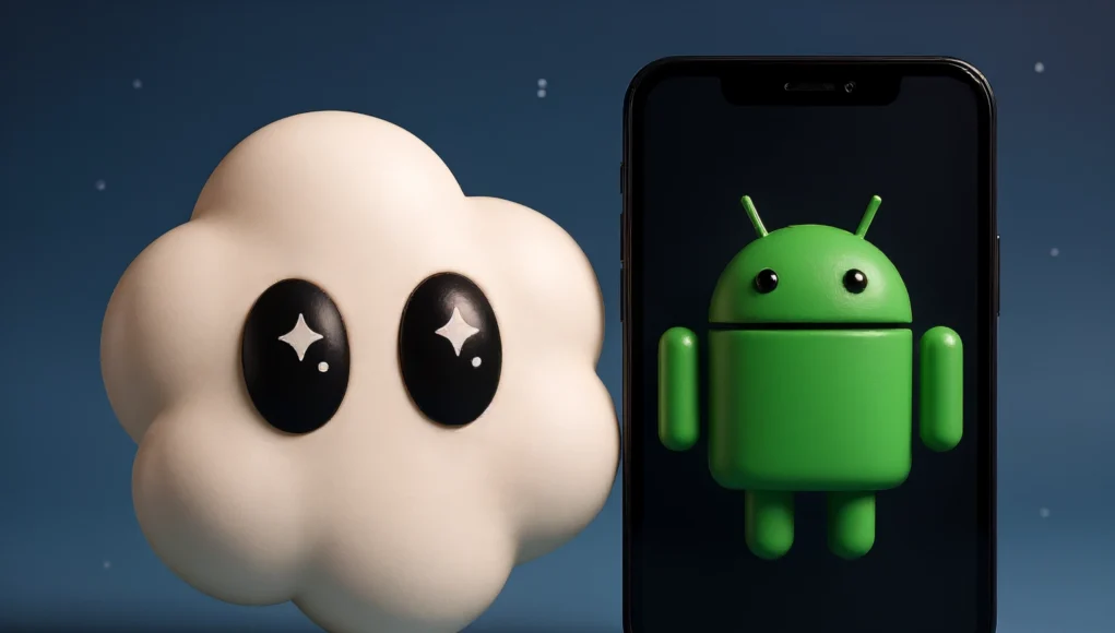 Sora Android Nube blanca con ojos grandes y brillantes, estilo caricatura, flotando junto a un teléfono móvil que muestra el logo 3D de Android en color verde sobre fondo oscuro, todo sobre un fondo azul con pequeños puntos que simulan estrellas.