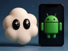OpenAI lanza la aplicación de Sora para generar videos con IA en Android Nube blanca con ojos grandes y brillantes, estilo caricatura, flotando junto a un teléfono móvil que muestra el logo 3D de Android en color verde sobre fondo oscuro, todo sobre un fondo azul con pequeños puntos que simulan estrellas.
