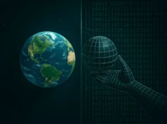 Estudio matemático demuestra que el universo no puede ser una simulación computacional Ala izquierda, una representación realista del planeta Tierra flotando en el espacio oscuro; a la derecha, una mano digital hecha de líneas de malla sostiene una esfera similar a la Tierra pero en forma de wireframe, sobre un fondo de código binario verde.