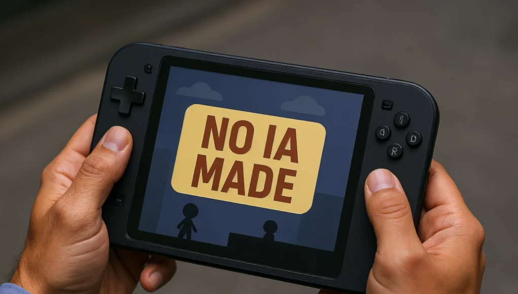 Videojuegos IA Manos de una persona sosteniendo una consola portátil negra, cuyo frontal muestra un videojuego minimalista con dos figuras estilizadas. En el centro de la pantalla aparece una gran etiqueta amarilla con el texto “NO IA MADE” en letras rojas, indicando que el juego no fue creado con inteligencia artificial.