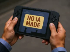 CEO de Epic Games argumenta que las tiendas de videojuegos no necesitan la etiqueta ‘Hecho con IA’ Manos de una persona sosteniendo una consola portátil negra, cuyo frontal muestra un videojuego minimalista con dos figuras estilizadas. En el centro de la pantalla aparece una gran etiqueta amarilla con el texto “NO IA MADE” en letras rojas, indicando que el juego no fue creado con inteligencia artificial.
