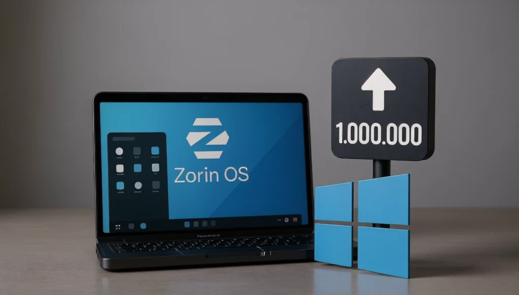 Windows Linux Un portátil mostrando la pantalla de inicio de Zorin OS sobre una mesa, acompañado a la derecha por un cartel oscuro con una flecha ascendente y el número “1.000.000”, junto a un logotipo azul de Windows dividido en cuatro paneles.