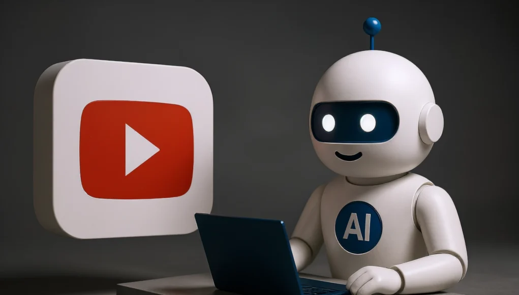 Youtube IA Ilustración con el logo de YouTube en relieve sobre un fondo rojo a la izquierda, y a la derecha un robot blanco con detalles azules y el símbolo “AI” en el pecho usando un portátil. La escena representa la inteligencia artificial interactuando con contenido de YouTube.