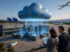 Airbus busca migrar aplicaciones críticas a una nube soberana europea Ilustración conceptual de una nube digital soberana europea representada como una nube azul con estrellas de la UE flotando sobre instalaciones de Airbus, conectada a centros de datos mediante haces de luz, mientras dos ejecutivos observan la infraestructura y un avión despega al fondo.