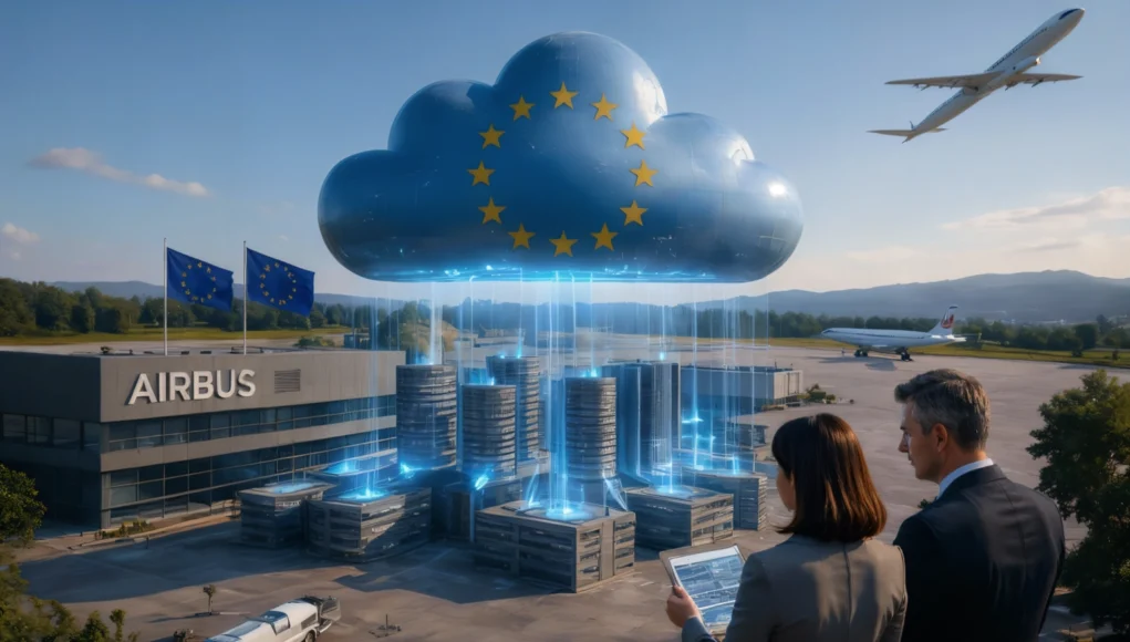Airbus Europa Ilustración conceptual de una nube digital soberana europea representada como una nube azul con estrellas de la UE flotando sobre instalaciones de Airbus, conectada a centros de datos mediante haces de luz, mientras dos ejecutivos observan la infraestructura y un avión despega al fondo.