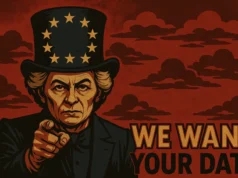 La UE aprueba en secreto el espionaje masivo de comunicaciones privadas Ilustración de estilo propaganda distópica que muestra a una líder política ficticia con gesto serio, vestida de traje oscuro y señalando directamente al espectador. Lleva un sombrero de copa adornado con estrellas doradas que evocan la bandera de la Unión Europea. El fondo es rojo con nubes oscuras estilizadas, y a la derecha aparece el texto grande “WE WANT YOUR DATA”.