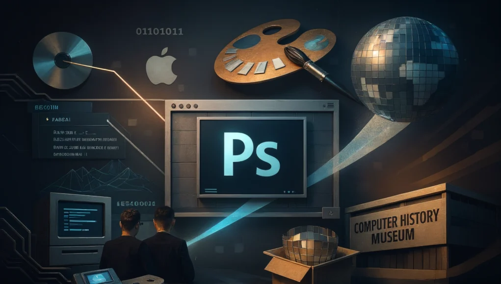 Ilustración conceptual que representa el origen de Adobe Photoshop, con un antiguo Macintosh, el icono “Ps”, elementos de programación, arte digital y referencias al Computer History Museum en un entorno tecnológico retro. Caja original de Adobe Photoshop