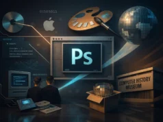 El código fuente de Adobe Photoshop 1.0 está disponible para estudio histórico Ilustración conceptual que representa el origen de Adobe Photoshop, con un antiguo Macintosh, el icono “Ps”, elementos de programación, arte digital y referencias al Computer History Museum en un entorno tecnológico retro. Caja original de Adobe Photoshop