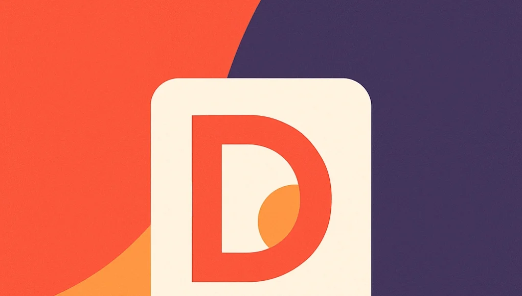 Doppl Ilustración abstracta en formato apaisado con formas curvas en tonos naranja, rojo, amarillo y morado. En el centro se muestra el logotipo de Doppl: una ‘D’ estilizada en rojo con un círculo naranja dentro, sobre un fondo crema con bordes redondeados.