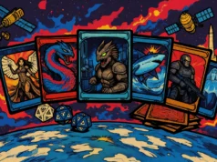 La Fuerza Espacial de EE.UU. usa cartas estilo Magic para revelar los nombres de guerra de sus satélites Ilustración panorámica estilo cartas coleccionables que representa distintos dominios de la guerra espacial: varias cartas muestran figuras fantásticas y futuristas —una guerrera alada, una serpiente, una criatura mitológica blindada, un tiburón y un soldado— dispuestas sobre la Tierra vista desde el espacio. Alrededor flotan satélites, dados y mazos de cartas, combinando estética de ciencia ficción militar y juego de mesa en un entorno cósmico.