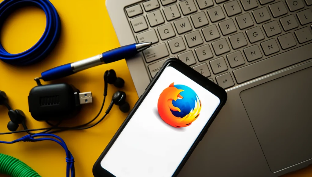 Firefox IA Teléfono móvil mostrando el logotipo de Firefox sobre una pantalla blanca, apoyado junto a un ordenador portátil y varios accesorios tecnológicos como auriculares, cables USB y un bolígrafo, sobre un fondo amarillo que transmite un entorno de trabajo digital y tecnológico.