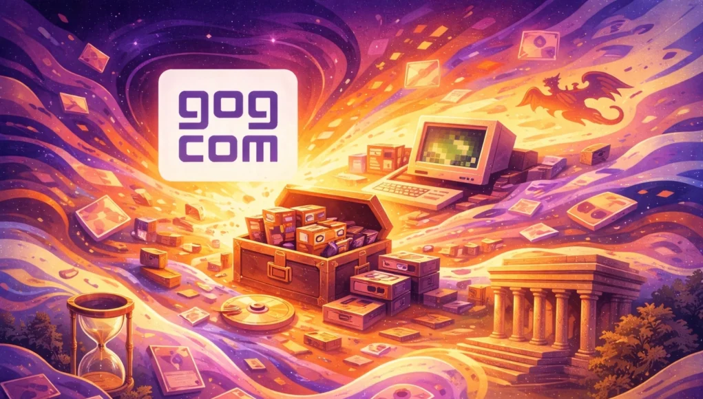Fundador Gog Ilustración abstracta y colorida que representa la preservación del videojuego: cofres con soportes físicos antiguos, un ordenador retro, discos y cartuchos flotando en un flujo luminoso, con un templo clásico como símbolo del patrimonio cultural y el logo de GOG emergiendo en el centro.