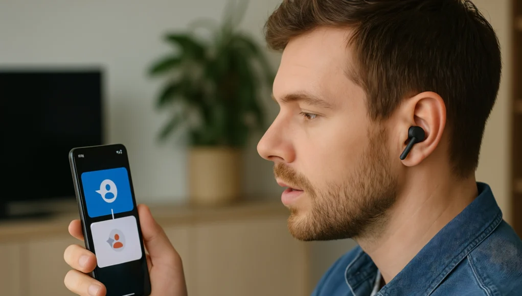 Google Translate Hombre usando auriculares inalámbricos mientras sostiene un teléfono Android con una aplicación de traducción de voz activa, en un entorno interior moderno y luminoso.
