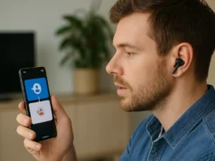 Google Translate integra traducciones de voz en tiempo real para cualquier auricular Hombre usando auriculares inalámbricos mientras sostiene un teléfono Android con una aplicación de traducción de voz activa, en un entorno interior moderno y luminoso.
